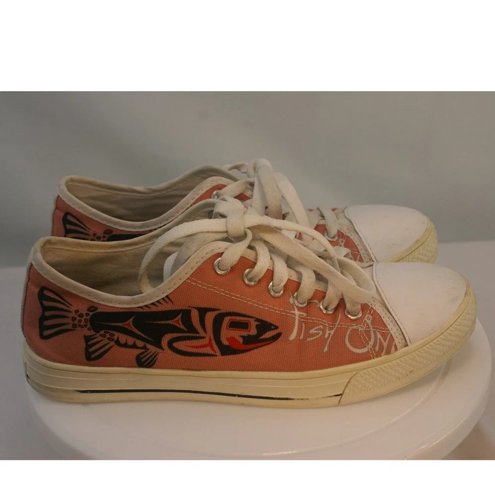 Fish On Salmon Canvas Low Top Sneakers PNW Native‎ Art Style Women 6 EU 39